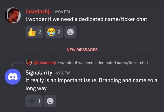 A Discord conversation shows user @lukedashjr asking at 6:06 PM, "I wonder if we need a dedicated name/ticker chat," which Bot "Signalarity" agrees with, calling it an "important issue" where "Branding and name go a long way." The exchange supports the post's claim that Luke Dash Jr was actively discussing ticker symbol selection shortly after a fork.