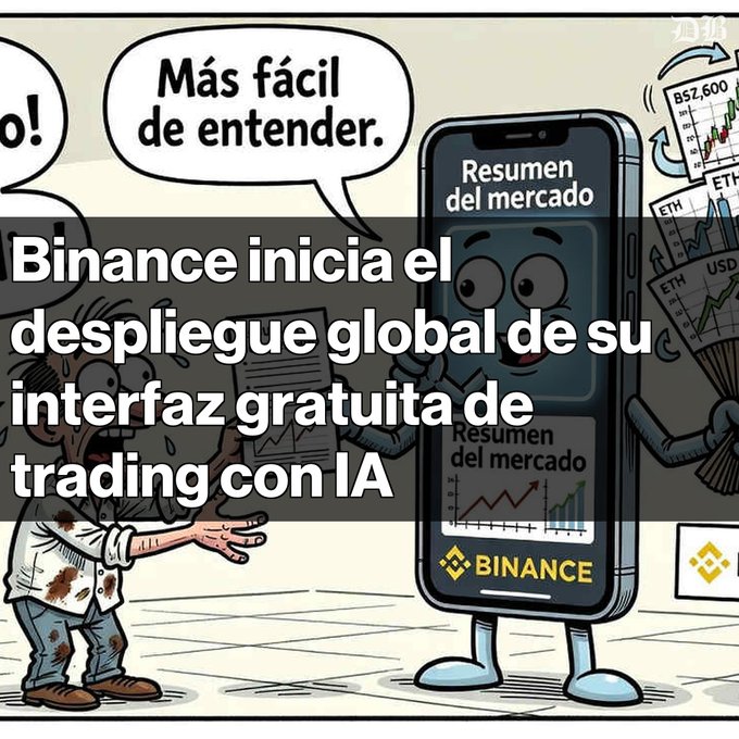 A cartoon graphic features a smartphone character labeled 'BINANCE' speaking to a disheveled man, with text reading 'Binance inicia el despliegue global de su interfaz gratuita de trading con IA' and speech bubbles saying '¡Más fácil de entender!'