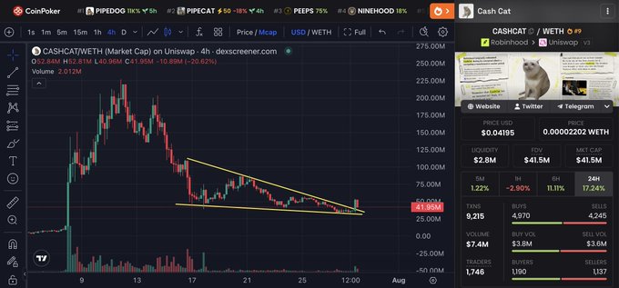 A cryptocurrency trading chart on CoinPoker shows the price of CASHCAT/WETH (Market Cap) with a descending triangle pattern drawn in yellow. Cash Cat is listed with a price of 0.04195 USD and a market cap of 4,970.
