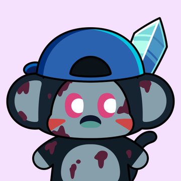 Chibi-style cartoon illustration of a small gray bear-like creature with pink eyes, wearing a blue cap and a dark outfit, with a crystal or sword element behind it.