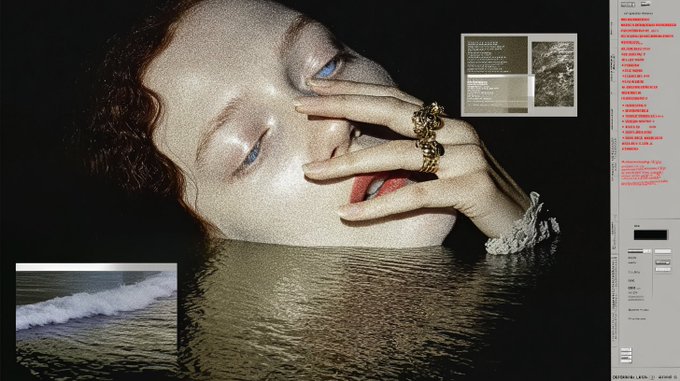 A surreal digital collage features a close-up portrait of a person with a hand partially covering their face, wearing ornate rings, with their body transitioning into a rippling desert landscape; overlaid are UI elements including a wave photograph, a document window with red error text, and image editing software controls.