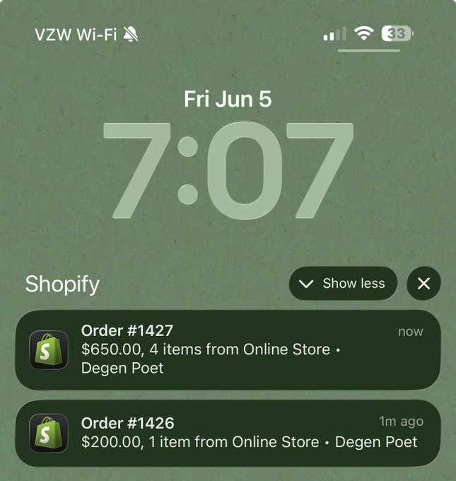An advertisement for a Bitcoin-based e-commerce platform has an iPhone screen displaying two orders placed by users, one ordered from the "Online Store" and another with "Degen Poet", which means the buyer of this order must go through an exchange of art pieces as payment. The time is 7:07 am on Friday.