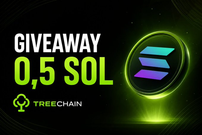 A promotional graphic advertises a 'GIVEAWAY 0.5 SOL' from TREECHAIN, featuring a glowing green Solana logo on a dark background.