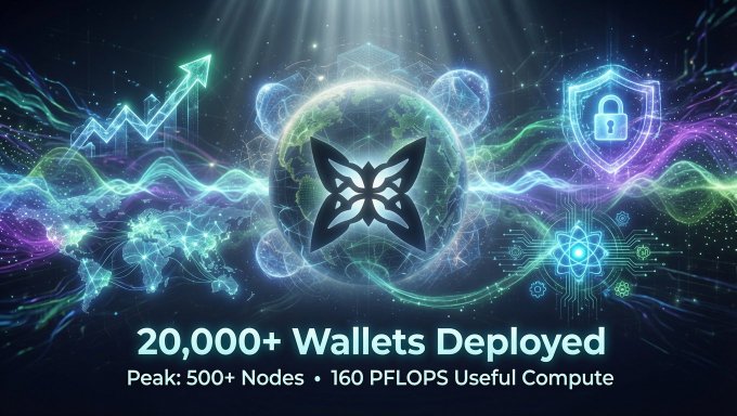 The image features a promotional poster advertising 20,000+ wallets deployed onto a computing platform called "QuipNetwork". The poster is set against a dark background with various symbols related to computing. In the center of the poster, there's an illustration of a butterfly symbol and an earth globe, representing the interconnectedness between technology and nature. The text on the poster states that these wallets have been deployed onto a shared compute system, which can be rented for the exact computing power needed by users.