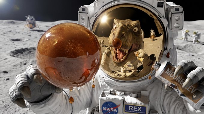 A surreal AI-generated image of an astronaut with a dinosaur head holding an orange sphere, with a 'MOONJEW' bar in their other hand, on a lunar surface with NASA and REX patches visible.