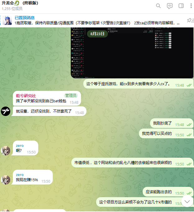 The image shows a Chinese Telegram group chat (升龙会终极版) with 1,255 members discussing a cryptocurrency or token project. Users are debating the low market cap and discussing whether to buy or sell, with one user ("zero") mentioning a 15% profit, referencing "babt钱包" (BABT wallet) and concerns about the project's complexity. The chat relates to the post about a token requiring BAB verification from Binance and limiting users to one transaction, as members discuss whether the low market value justifies the hassle of selling.