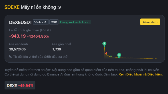 A Binance trading chart for '$DEXE' shows a severe decline, with a current value of 1,739, a recent value of 39,572,436, and a drop of -49.94% displayed.