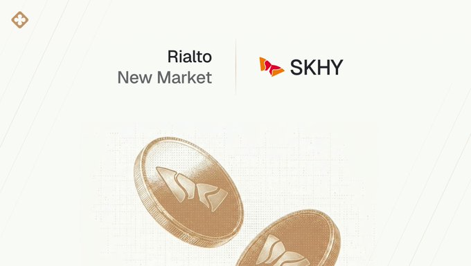 A graphic announcing a 'Rialto New Market' with two gold SKHY coins, indicating a new market listing for the SKHY token.