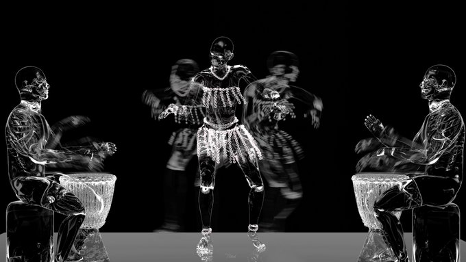 A black and white digital rendering of translucent, glass-like figures performing African-style dance and drumming, with two seated drummers on either side flanking a central dancer.