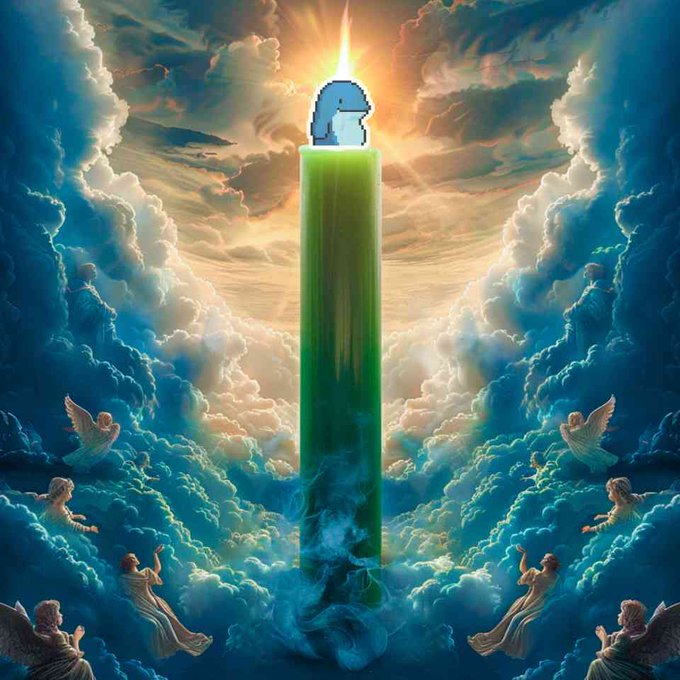The image depicts a pixelated astronaut helmet atop a glowing green pillar/candle, surrounded by angels and clouds in a heavenly sky with a beam of light shining down—symbolizing a divine ascension or "to the moon" rally. The post mocks those who missed buying the NFT early at a low market cap, framing the creator as a prophetic, moon-bound pioneer while others are left worshipping from below.