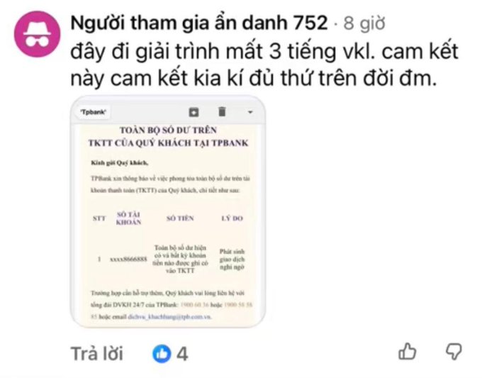 A screenshot of a Facebook comment by "Người tham gia ẩn danh 752" sharing a TPBank account statement showing a frozen balance due to a "phát sinh giao dịch nghi ngờ" (suspicious transaction), with text explaining that the account holder had to spend 3 hours justifying the funds and promising never to do P2P trading again.
