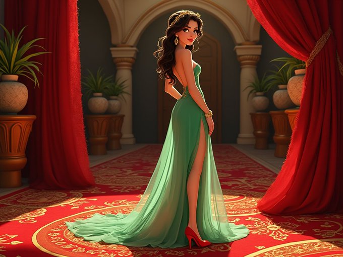 An animated-style illustration of a woman in an elegant emerald green gown with a high slit and red heels, standing in a palatial room with red curtains and an ornate red carpet.