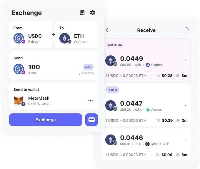The image shows two cell phones displaying information about exchanging cryptocurrency. The first phone has a screen showing the Exchange page, while the second phone displays the Receipt page. Both phones are set to display the exchange rates for Etherium tokens.