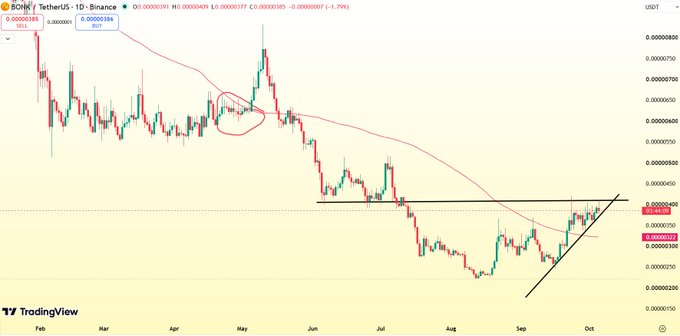 A TradingView candlestick chart for the BONK/USDT pair on Binance, showing price action with technical analysis drawings including a descending trendline and an upward trendline.
