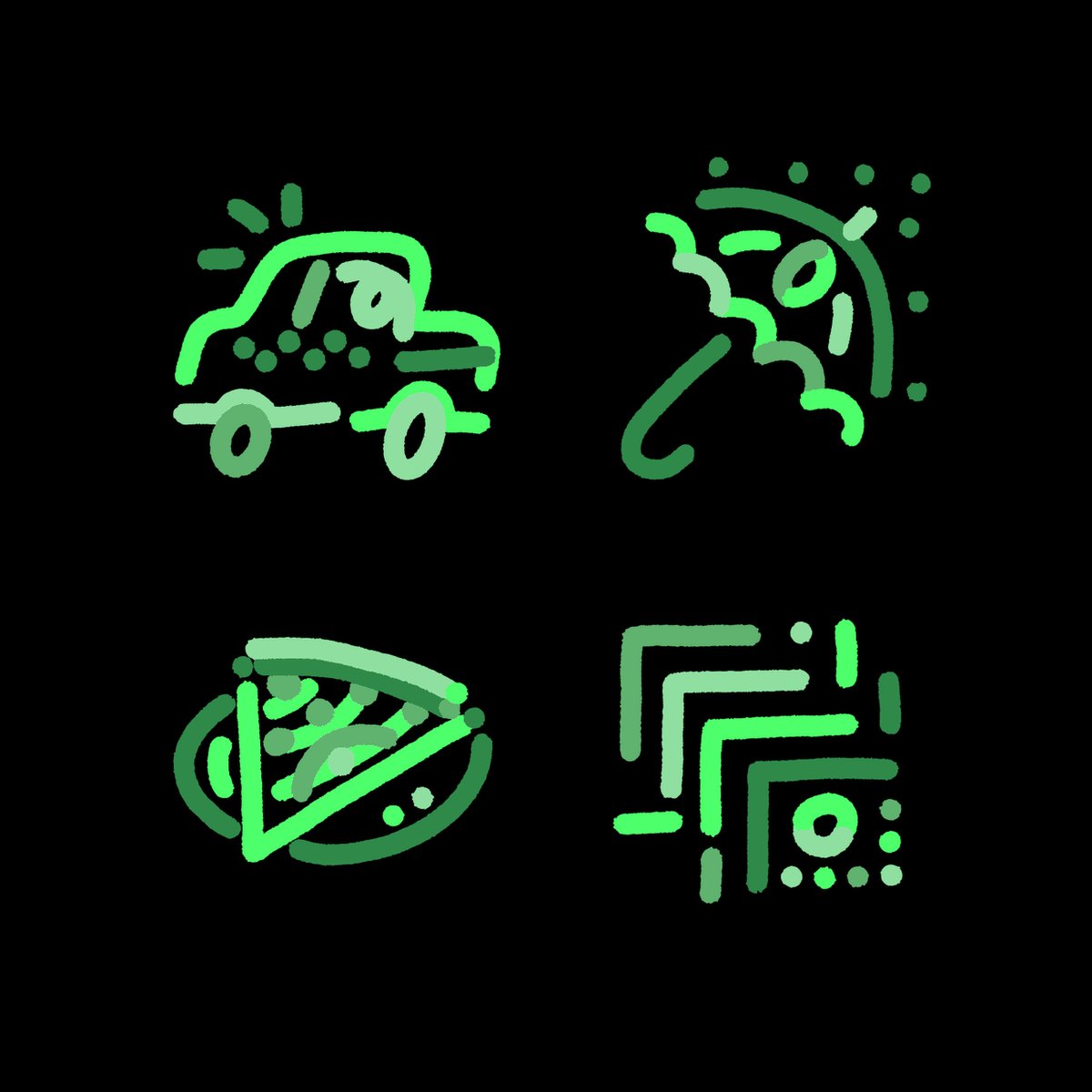 The image features four different green line drawings of various objects such as a car, pizza slice, umbrella, and a square shape with dots. The objects are arranged in a way that they appear to be floating or floating against a black background. The objects seem to be randomly placed without any specific order. The post seems to be about the night before GLiFS mint, which is an acronym for "Focus on what is in the image and how it relates to the post".
