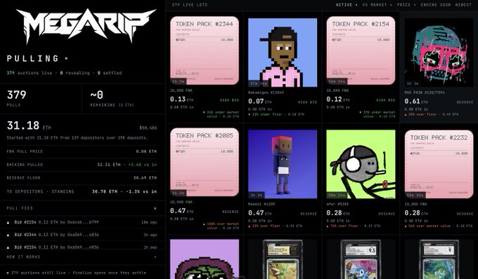 The MEGARIP website showing 379 active pulls with a pre-full price of 31.18 ETH and various CryptoPunk token packs listed for auction.