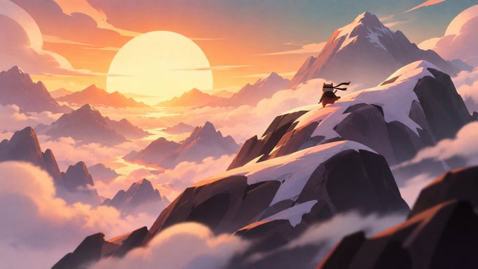 An anime-style digital artwork depicting a lone figure with flowing hair standing on a snowy mountain peak overlooking a valley of clouds and peaks at sunset.
