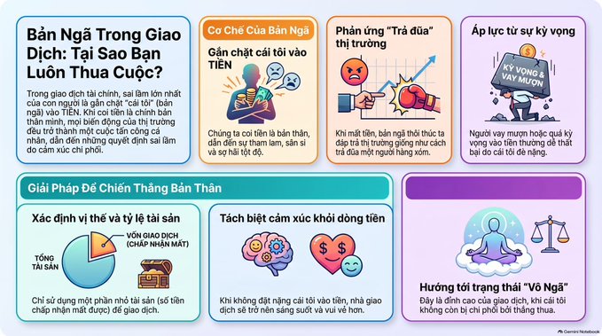 An infographic in Vietnamese titled 'Trading in the Gambling Dich' explaining the psychological pitfalls of trading, featuring sections on greed, anger, fear, and ego, along with solutions for emotional control.