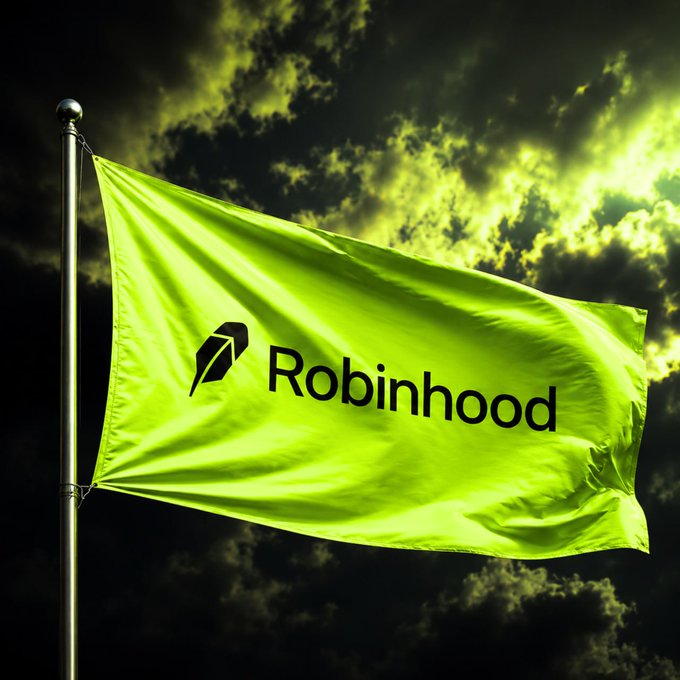 A vibrant neon green Robinhood flag waves boldly against a dramatic stormy sky, displaying the company's distinctive feathered logo and name. The image visually reinforces the post's confident claim that Robinhood will lead the market cycle, with the flag's prominent, flag-planting symbolism suggesting dominance and pioneering leadership.