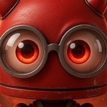 A close-up digital rendering of a red robot face with large, glossy eyes featuring red irises and gray frames, reminiscent of a stylized character design.