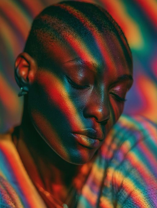 A close-up portrait of a person with short hair and closed eyes, illuminated by dramatic, colorful light streaks reflecting off their face and clothing.