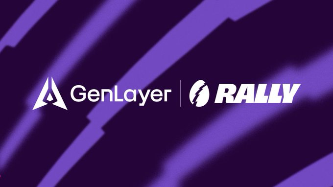 A purple promotional banner displaying the logos 'GenLayer' and 'RALLY' with diagonal purple stripes in the background.