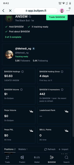 A screenshot of the Bullpen trading app showing user 'Mehedi_ng's' portfolio holding the meme coin $ANSEM ('The Black Bull'), with holdings of $0.83 and X impressions of 442.