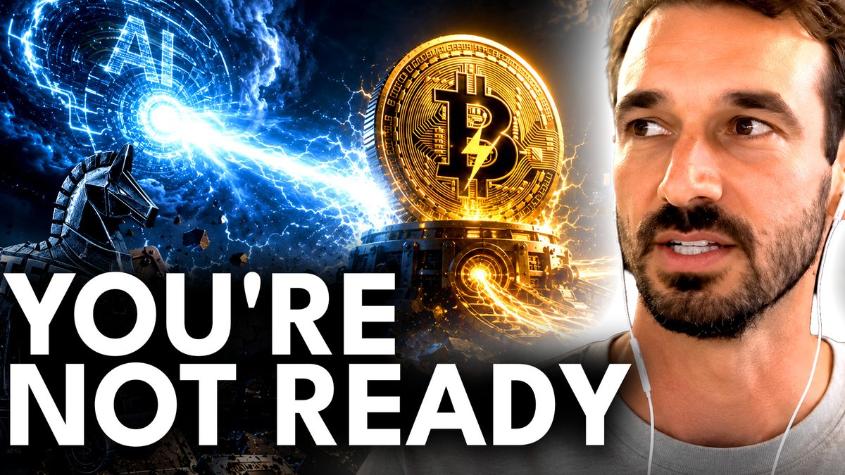 A YouTube thumbnail features a bearded man wearing earbuds on the right, with the bold text "YOU'RE NOT READY" on the left, alongside a glowing Bitcoin coin, a robot, and blue energy beams in the background—visually capturing the episode's theme of AI agents, Bitcoin, and the leveling playing field.