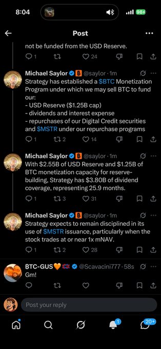 A screenshot of X (formerly Twitter) shows a post by Michael Saylor (@saylor) announcing a new $BTC Monetization Program for Strategy, featuring a $1.25B USD Reserve cap for share repurchases and dividends, with $2.5B in reserves providing 25.9 months ($3.80B) of dividend coverage and disciplined use of $SMSTR issuance when trading near 1x mNAV. The thread supports the caption's bullish $MSTR thesis by highlighting the company's 26-month dividend runway, $1B+ buyback capacity, and non-dilutive funding strategy.