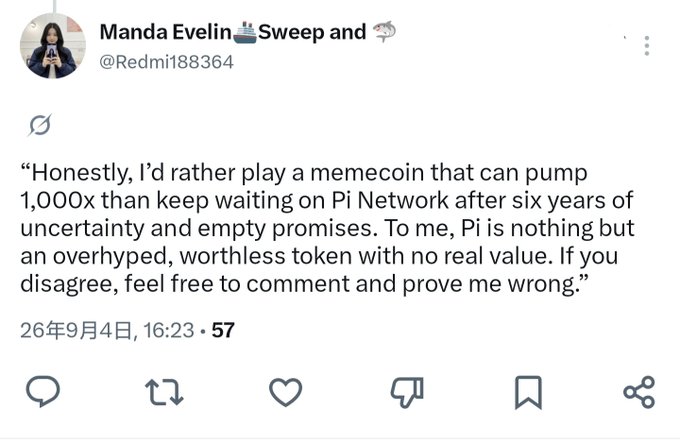A screenshot of a tweet from "Manda Evelin" (@Redmi188364) stating a preference for a memecoin that could pump 1000x over Pi Network after six years of uncertainty, dismissing Pi as an "overhyped, worthless token with no real value."