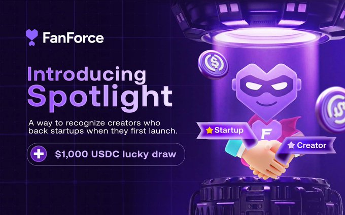 The image features a purple background with a large purple lightbulb, which appears to be emitting a glow. The text "Introducing Spotlight" is written above the lightbulb, while below it there are two hands shaking hands. Below these hands, there are three coins floating in the air, and at the bottom of the image, there's a post that says "If you are still not checking myfanforce routing gravity at this point, you probably hate money Just finished tracing the latest idle vault routing build on myfanforce where past cycles auto fold into profile weights creating steady presence stakes like steady poker stakes that".