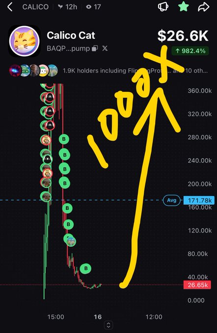 A mobile screenshot of the "Calico Cat" ($CALICO) memecoin chart on Pump.fun, showing a current price of $26.65k with an early 982.4% gain and an average of 171.78k, paired with a hand-drawn yellow "coat" annotation and an arrow pointing to the upcoming 1000x price target promoted in the post.