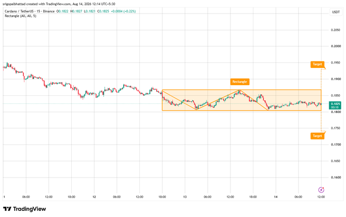 A TradingView candlestick chart for Cardano (ADA/USDT) on Binance showing a rectangle pattern with target price levels marked around 0.1950 and 0.1750.