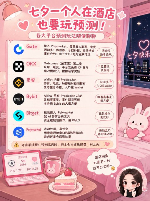 A pink-themed Chinese infographic titled '七夕一个人在酒店也要玩预测！' lists various prediction platforms like Gate, OKX, Bybit, and Polymarket, featuring cute cartoon illustrations of a rabbit and a character.