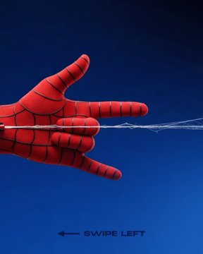 A red-gloved hand shoots a web against a dark blue background, with the text '← SWIPE LEFT' at the bottom.