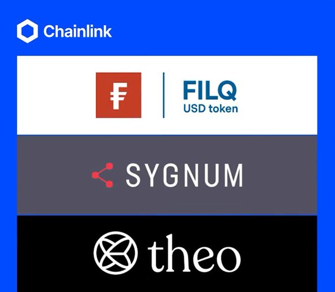 A Chainlink-branded graphic showcasing three crypto tokens: FILQ USD token, SYGNUM, and theo.
