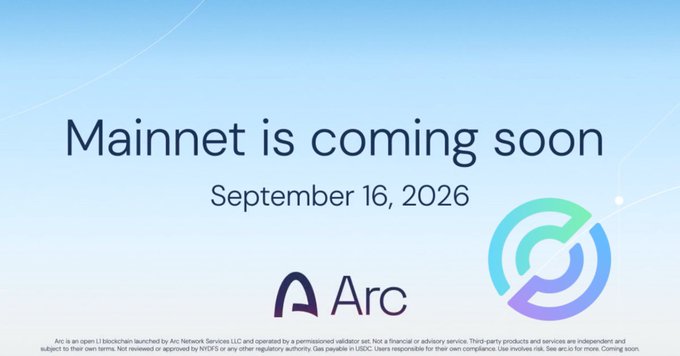 Announcement banner reading "Mainnet is coming soon - September 16, 2026" with the "Arc" logo and branding.