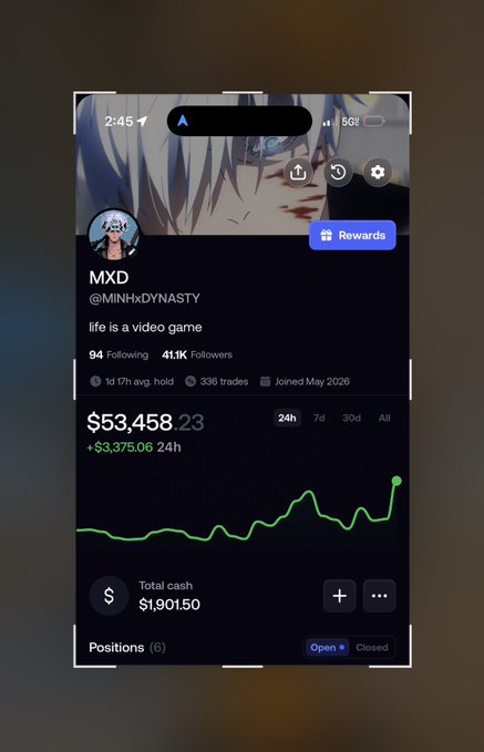 The image shows a mobile screenshot of a Robinhood profile for user "MXD" (@MINHxDYNASTY) with the bio "life is a video game," displaying 94 following, 41.1K followers, 336 trades, and a portfolio value of $53,458.23 (up $3,375.06 in 24 hours), with total cash of $1,901.50 and a green upward-trending chart alongside 6 open positions, supporting the post's message about bouncing back from a low point and returning to profitable, steady trading.