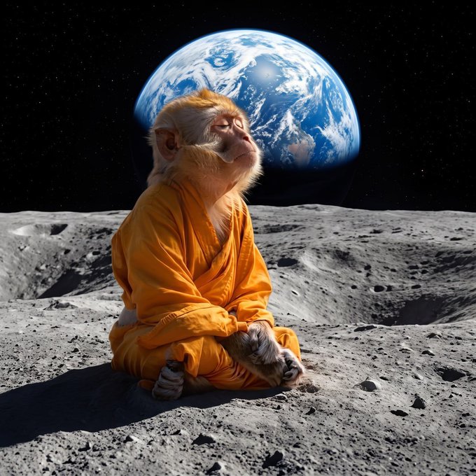 A monkey in an orange robe meditates in a cross-legged position on the lunar surface, with Earth visible in the background against a starry sky. The image plays on the "to the moon" crypto meme—using the literal moon as a visual metaphor to suggest the coin being promoted will experience a 1000x "moonshot" increase in value.