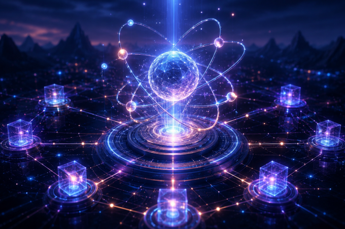 A digital artwork depicting a glowing blue atom-like sphere surrounded by orbital rings, with holographic cubes connected by light beams on a futuristic platform.