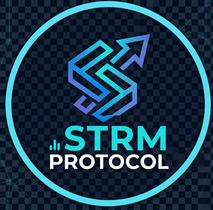 The image features a logo for a Protocol called "Strum Protocol". The logo consists of a blue circle with a purple arrow pointing upwards, surrounded by a teal border. Below the logo, there are three lines of text that read "Decentralizing live media requires separate layers for speed, storage, and access." This information is related to the content in the image as it suggests that the Protocol is designed to address the challenges faced when distributing live media across multiple parties or networks.