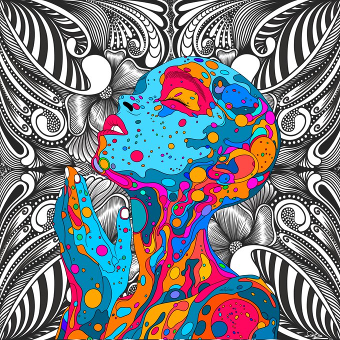 A vibrant, psychedelic digital illustration features a woman with her head tilted back and hand raised, her figure covered in colorful abstract swirls of blue, pink, orange, and yellow, set against a detailed black-and-white patterned background.