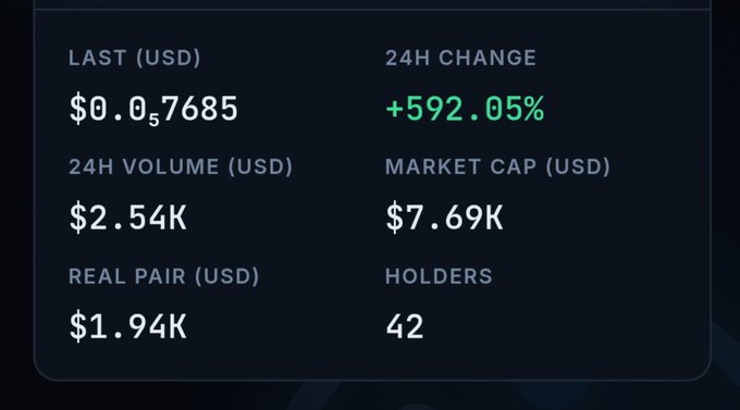 A cryptocurrency statistics panel showing 'LAST (USD) $0.057685', '24H CHANGE +592.05%', '24H VOLUME (USD) $2.54K', 'MARKET CAP (USD) $7.69K', 'REAL PAIR (USD) $1.94K', and 'HOLDERS 42'.