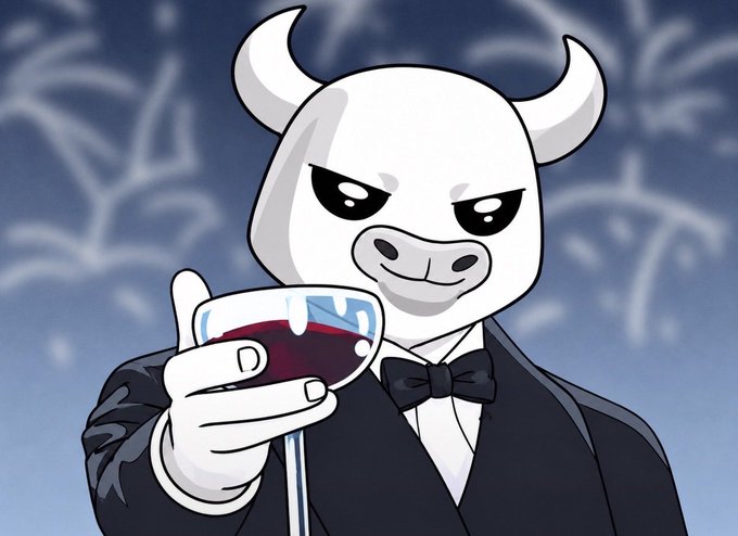 A cartoon bull in a tuxedo and bow tie smirks while holding up a glass of red wine against a blue patterned background, embodying the confident, optimistic sentiment of the "$BULLISH" post promoting the Bullieve token.