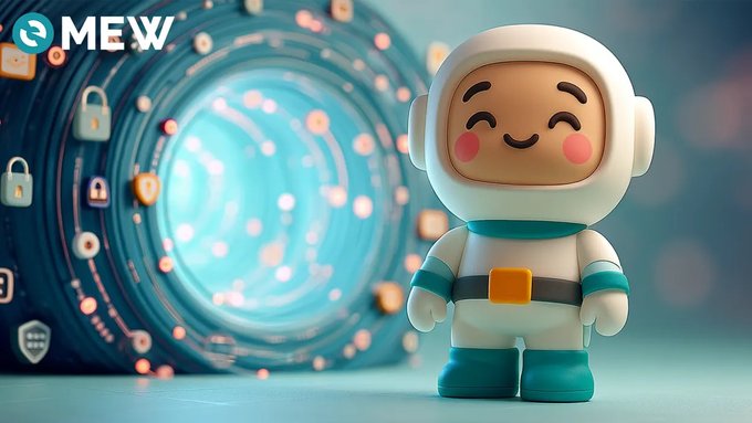 A cute 3D-rendered astronaut mascot character standing in front of a glowing blue digital portal decorated with padlock and shield icons, with 'e MEW' branding in the upper left corner.