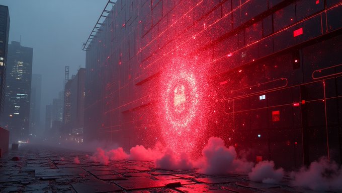 A futuristic cityscape at dusk featuring a glowing red circular portal or vortex embedded in the side of a dark building, with red particles and smoke emanating from it.