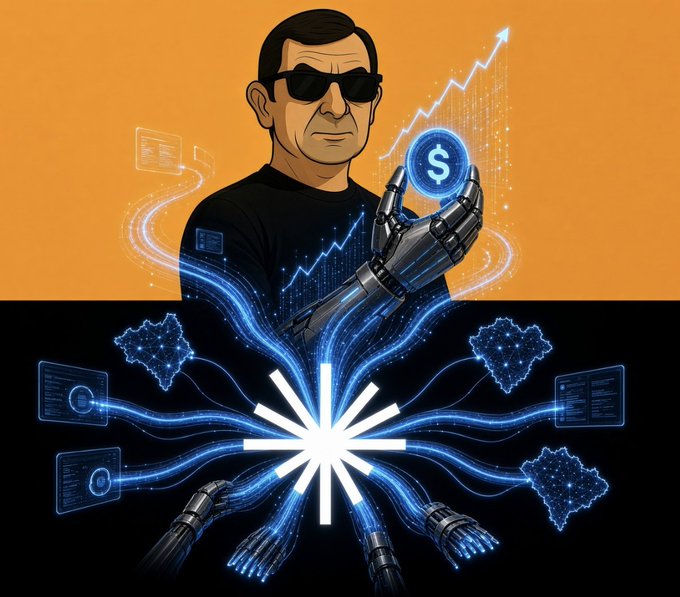 A cartoon man in sunglasses holds a robotic hand displaying a glowing "$" coin, with blue energy streams flowing into a central burst beneath data panels—evoking the futuristic, tech-driven nature of Axis Robotics' $100M FDV token sale on Sonar at $0.10 per AXIS.