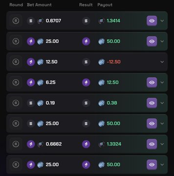 Gambling/betting interface showing rounds with bet amounts, results, and payouts in green and red values.
