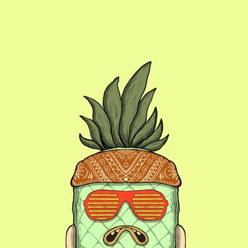 An illustration of a green character wearing red shutter shades and a patterned headband, topped with a leafy plant, against a light green background.
