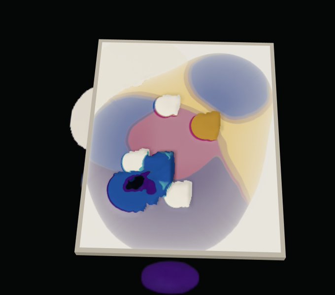 An abstract artwork featuring soft, blended shapes in blue, yellow, pink, and white, possibly viewed through a distorted lens on a black background.
